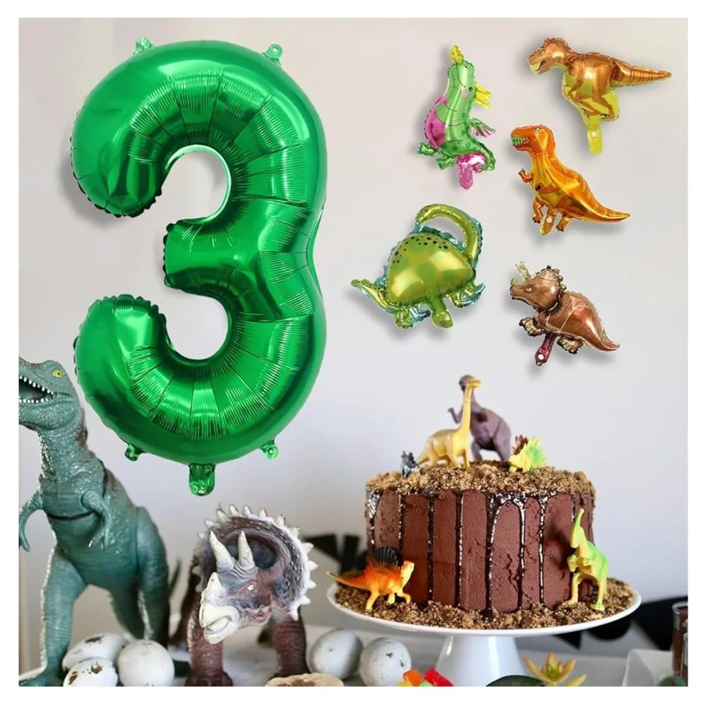 Dinosaur Number # 3,40 Inch Dark Green Foil Balloon and 5 Mini Dinosaurs Balloon